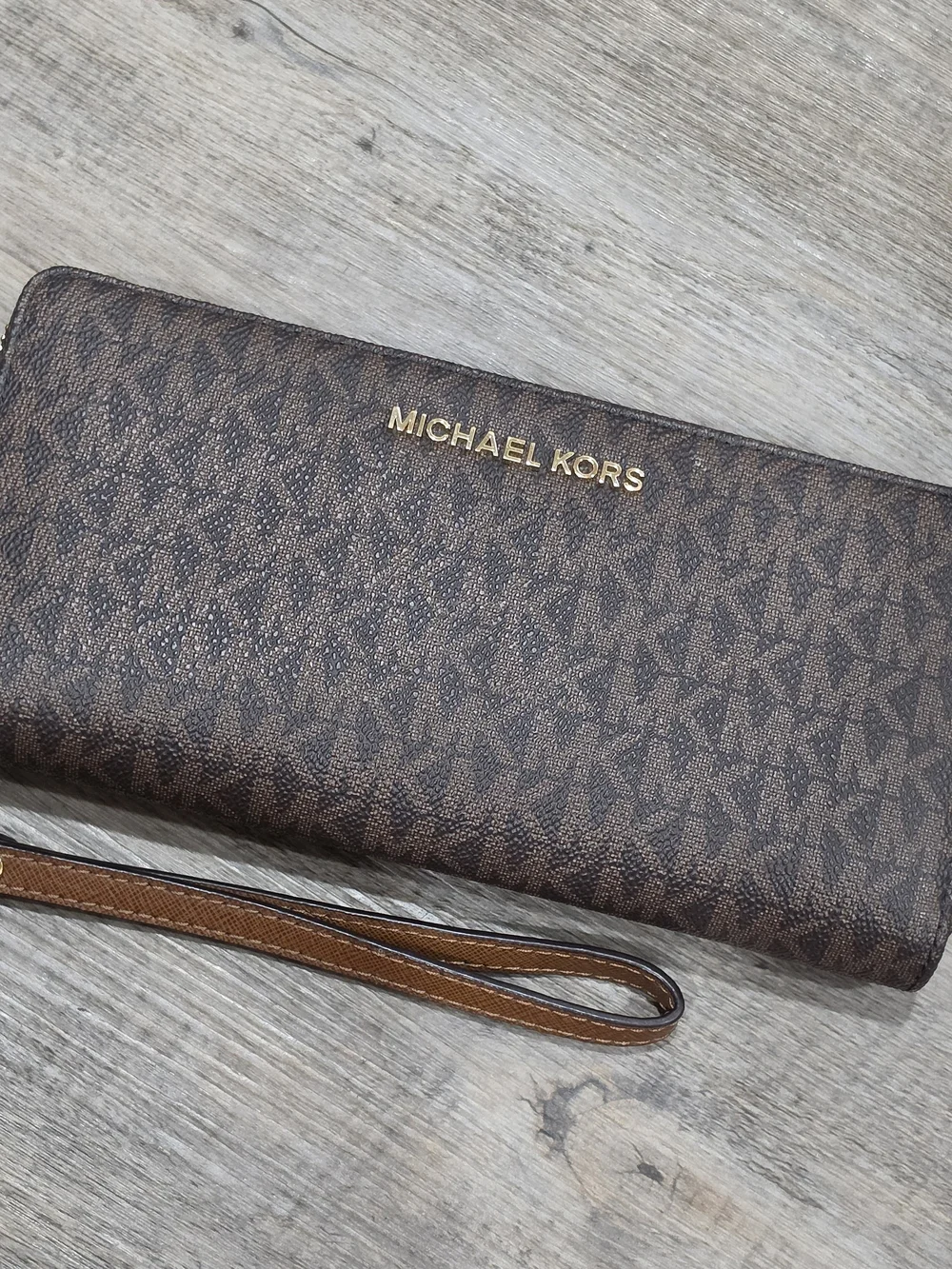 Michael Kors Brown Leather Zip Wallet with Gold Hardware Wristlet